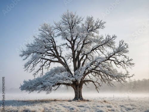 A solitary winter tree bare of leaves and frosted with snow, standing majestically against a clear blue sky, embodying the beauty of the winter season photo