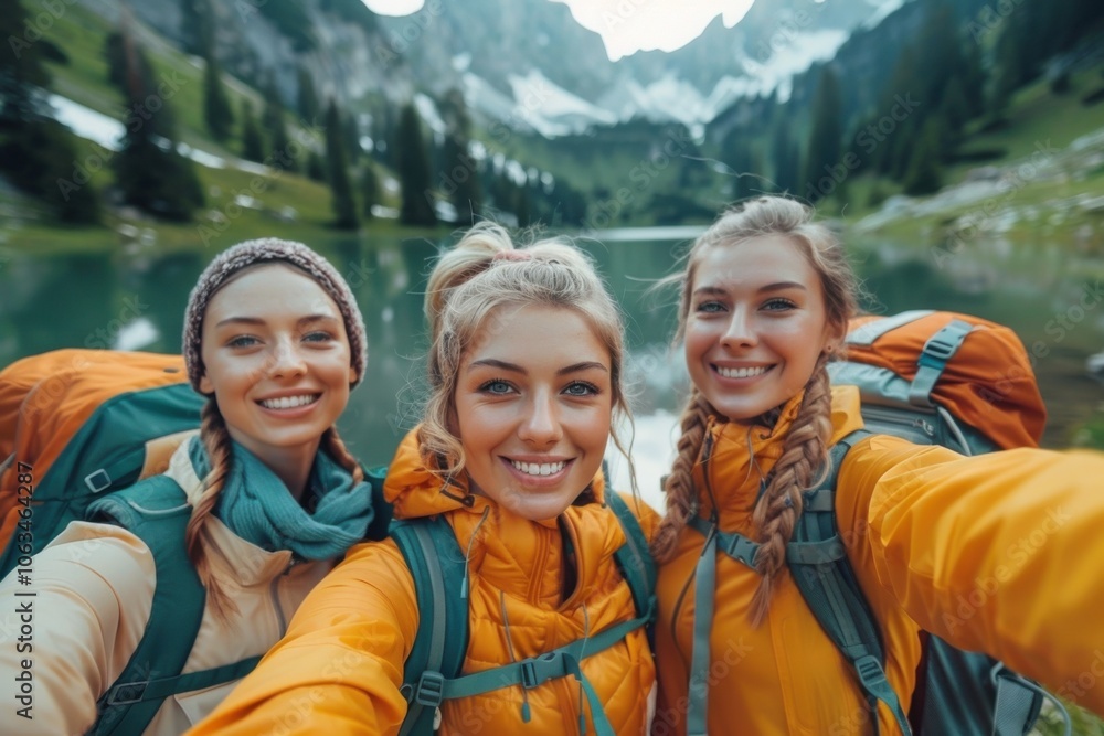 Three cheerful young women in outdoor gear take a selfie by a serene mountain lake, surrounded by lush greenery and scenic peaks. Three cheerful young women in outdoor gear take a selfie by a serene mountain lake, surrounded by lush greenery and scenic peaks.