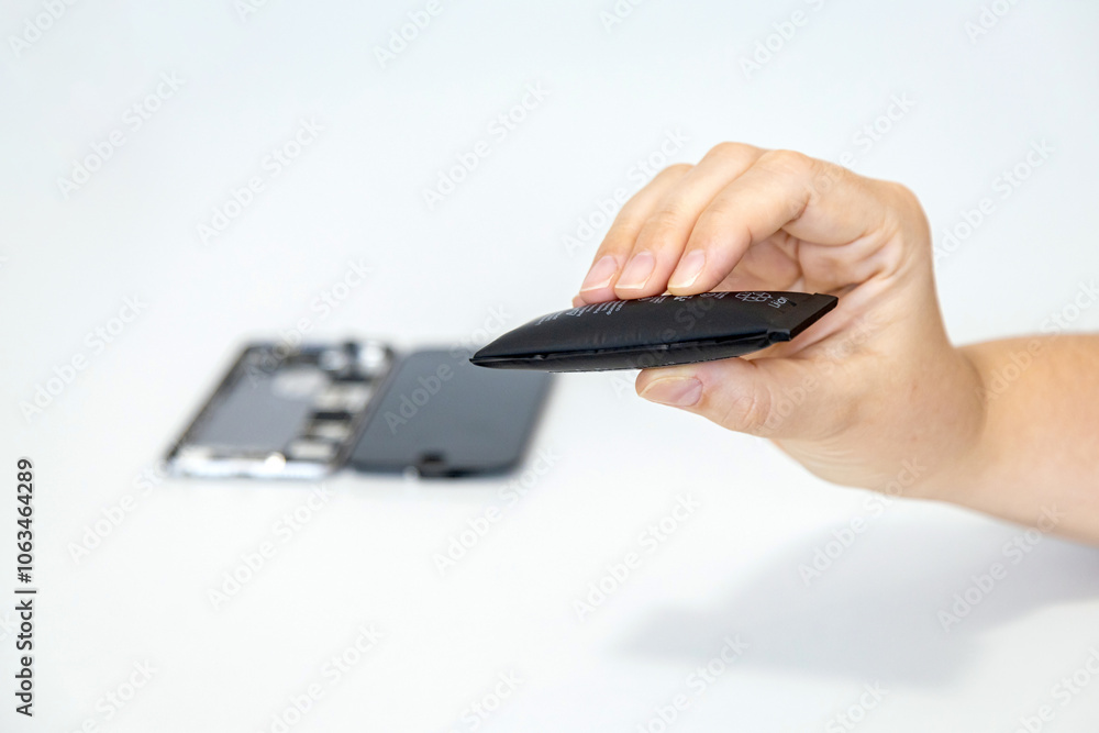 Hand holding a swollen phone battery with a disassembled phone blurred in the background Hand holding a swollen phone battery with a disassembled phone blurred in the background