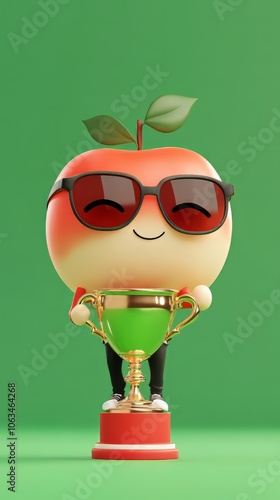 
cute chibbi 3d blender apple character wearing gangster meme sunglasses holding a champion trophy  photo