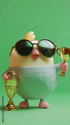 
cute chibbi 3d blender apple character wearing gangster meme sunglasses holding a champion trophy  photo