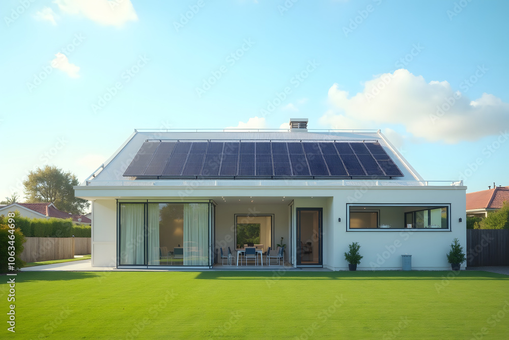 A modern minimalist home with solar panels installed across its roof, Solar Panels, Solar Powered Clean Energy, Sustainable Resources, Electricity Source A modern minimalist home with solar panels installed across its roof, Solar Panels, Solar Powered Clean Energy, Sustainable Resources, Electricity Source