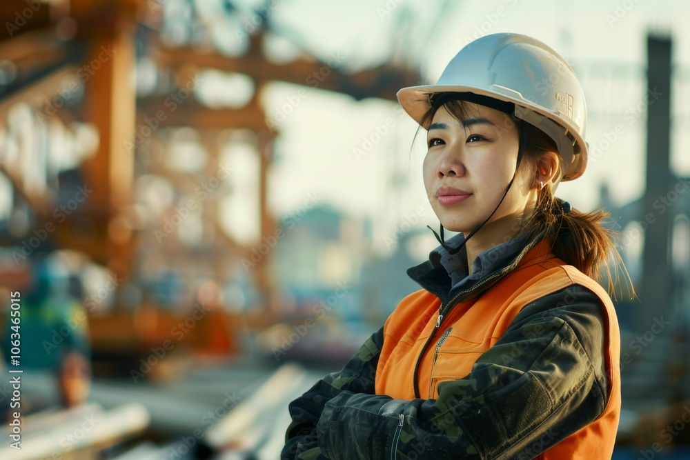 A confident female engineer in a safety helmet stands at a construction site, arms crossed and proud. A confident female engineer in a safety helmet stands at a construction site, arms crossed and proud.