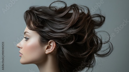 Side profile of a woman with full, textured hair on a neutral gray background, capturing natural beauty