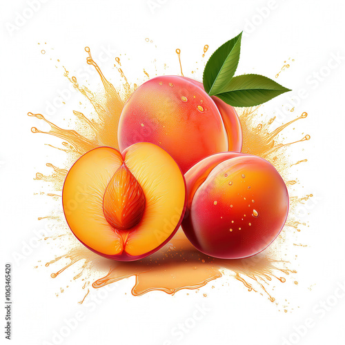 Fresh juicy Peaches with Green Leaves and Splash Effect