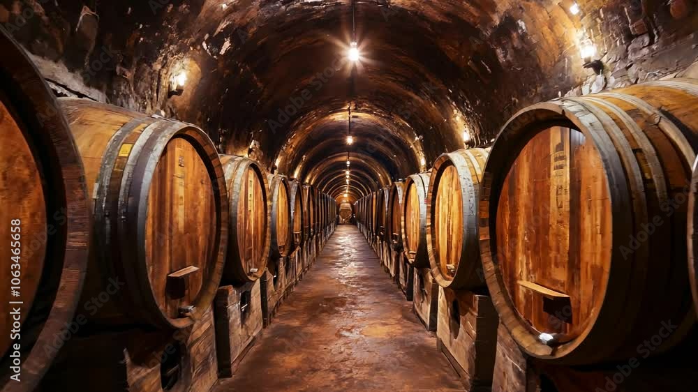 Wine cellar, wooden barrels with wine Wine cellar, wooden barrels with wine