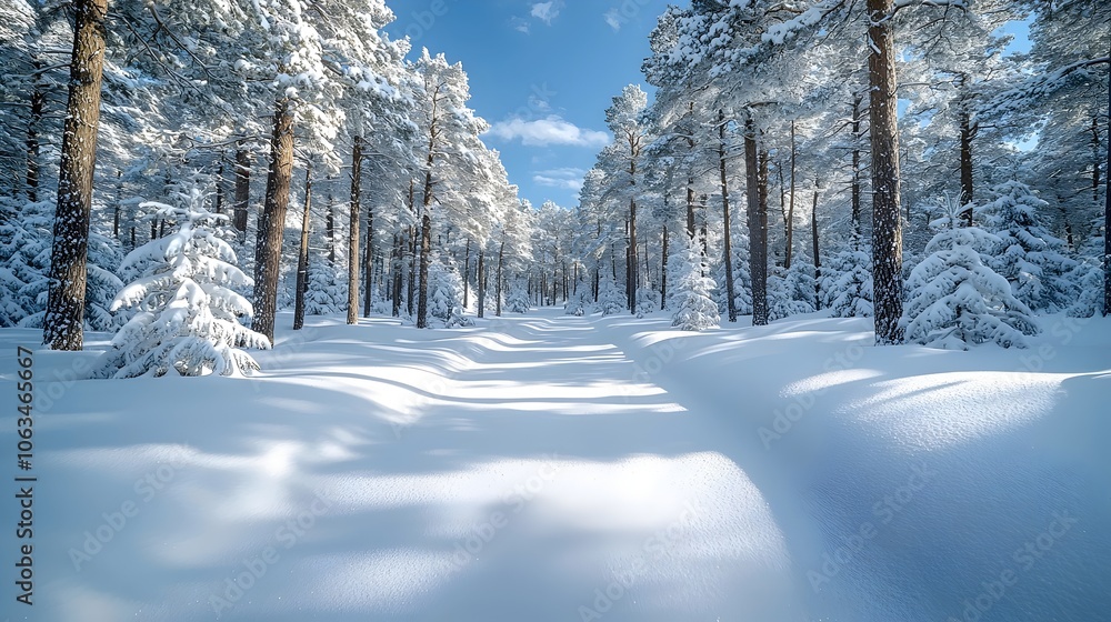 Obraz premium A serene winter scene featuring a snow-covered path winding through a tranquil forest, with tall pine trees blanketed in snow under a clear blue sky.