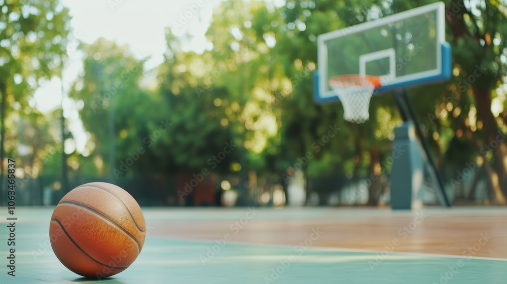 Basketball on the court, a scenic view of sports and recreation amidst nature's beauty Basketball on the court, a scenic view of sports and recreation amidst nature's beauty