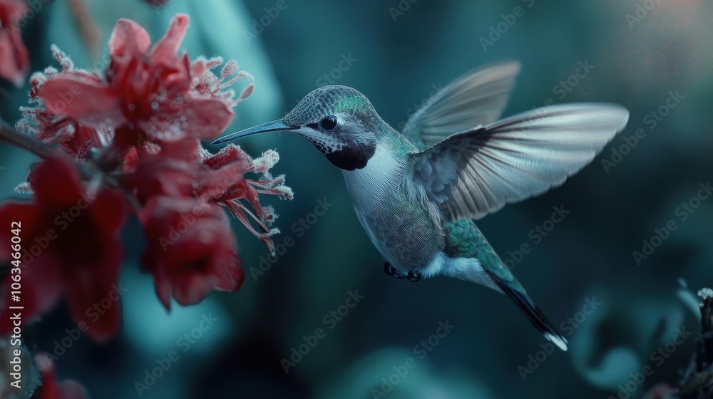 Fototapeta premium A beautiful hummingbird hovering near vibrant flowers, showcasing delicate feathers and vivid colors in a serene atmosphere.