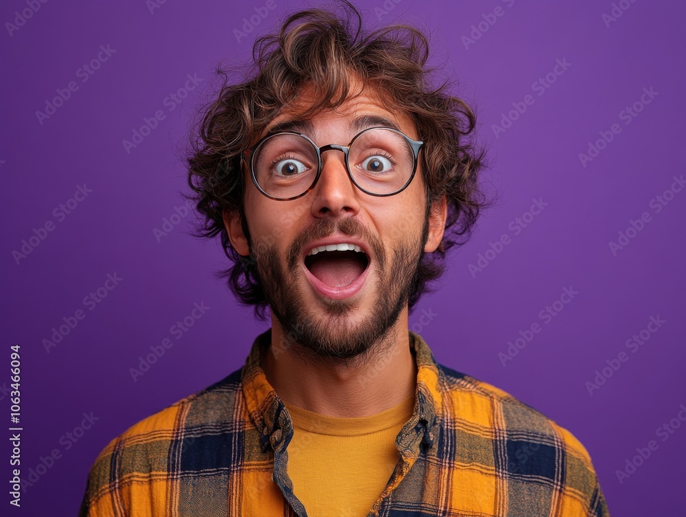 A surprised man with glasses and a beard stands against a solid purple background, wearing a plaid shirt and looking astonished. A surprised man with glasses and a beard stands against a solid purple background, wearing a plaid shirt and looking astonished.
