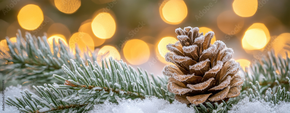 frosted pinecone rests on snowy evergreen branch, surrounded by soft, warm bokeh lights. This serene winter scene captures beauty of nature in festive atmosphere frosted pinecone rests on snowy evergreen branch, surrounded by soft, warm bokeh lights. This serene winter scene captures beauty of nature in festive atmosphere