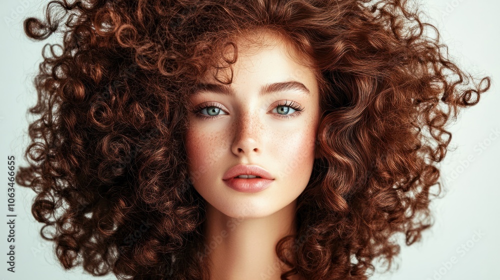 Stylish woman with big, natural curls looking directly at the camera on a clean background Stylish woman with big, natural curls looking directly at the camera on a clean background