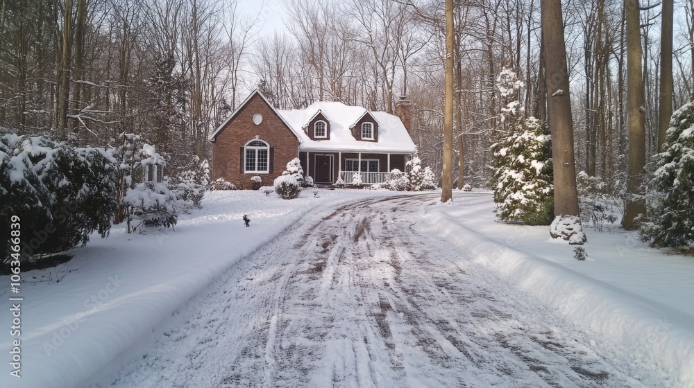 Snow-Covered Driveway Leading to Undisturbed Empty House Snow-Covered Driveway Leading to Undisturbed Empty House