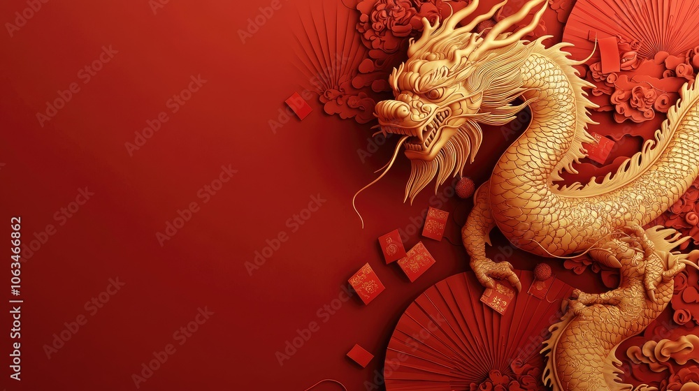 Obraz premium Golden Dragon on Red Background for Festive Occasion