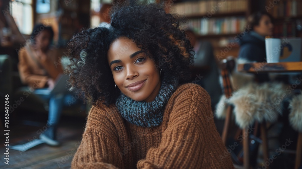 A cheerful woman with curly hair sits cozily in a warm-toned, rustic library café, exuding a relaxed and inviting atmosphere. A cheerful woman with curly hair sits cozily in a warm-toned, rustic library café, exuding a relaxed and inviting atmosphere.
