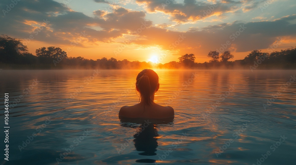a tranquil scene of a person swimming in a serene lake at sunrise, with the water reflecting the sky, embodying the wellness of nature a tranquil scene of a person swimming in a serene lake at sunrise, with the water reflecting the sky, embodying the wellness of nature
