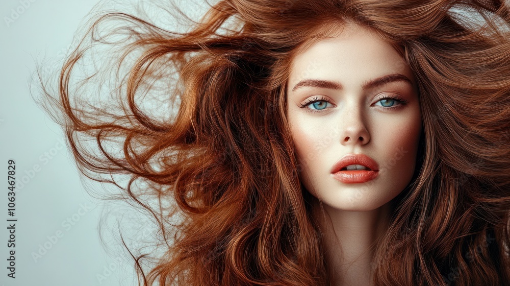 Naklejka premium Stylish woman with voluminous, fluffy curls and bright expression, isolated on a clean, neutral backdrop