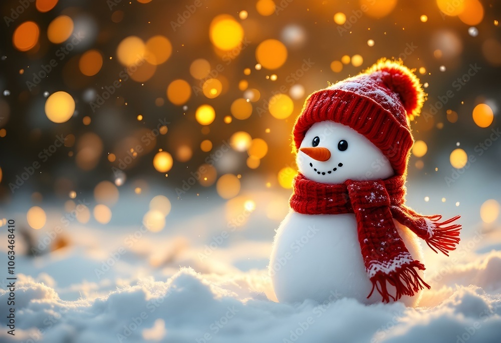 Adorable Snowman in Red Hat with Glowing Snowy Background Adorable Snowman in Red Hat with Glowing Snowy Background