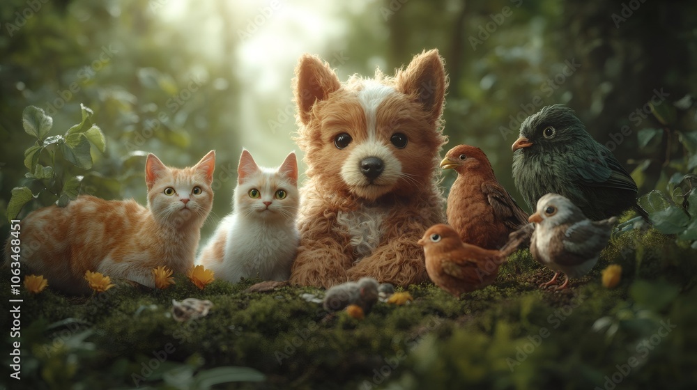 animal unity theme, a dog, cat and bird coexist peacefully, representing unity among species in a serene natural setting, cartoonish animal unity theme, a dog, cat and bird coexist peacefully, representing unity among species in a serene natural setting, cartoonish