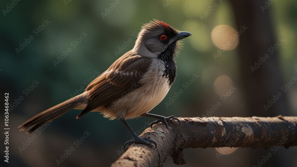 Naklejka premium a Red-vented Bulbul. The bird's distinctive crest, bright red vent, and beady black eyes are clearly visible. Its alert posture and focused gaze suggest a curious and watchful nature.