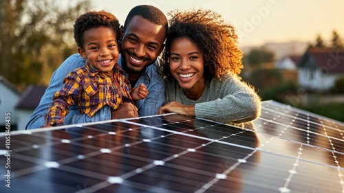 A happy family smiles while standing on a rooftop with solar panels
