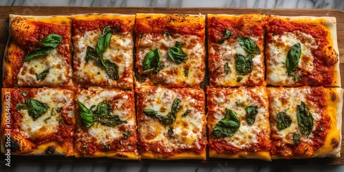 top-down view of tasty Marguerita pizza sliced into ten pieces on a marble table, grandma style photo