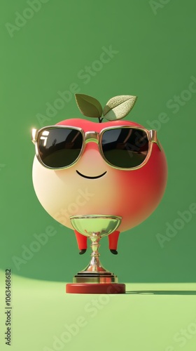 
cute chibbi 3d blender apple character wearing gangster meme sunglasses holding a champion trophy  photo