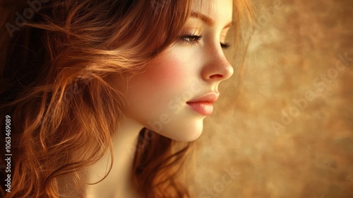 Woman with full, wavy hair, natural beauty and soft expression, isolated on a warm, light backdrop