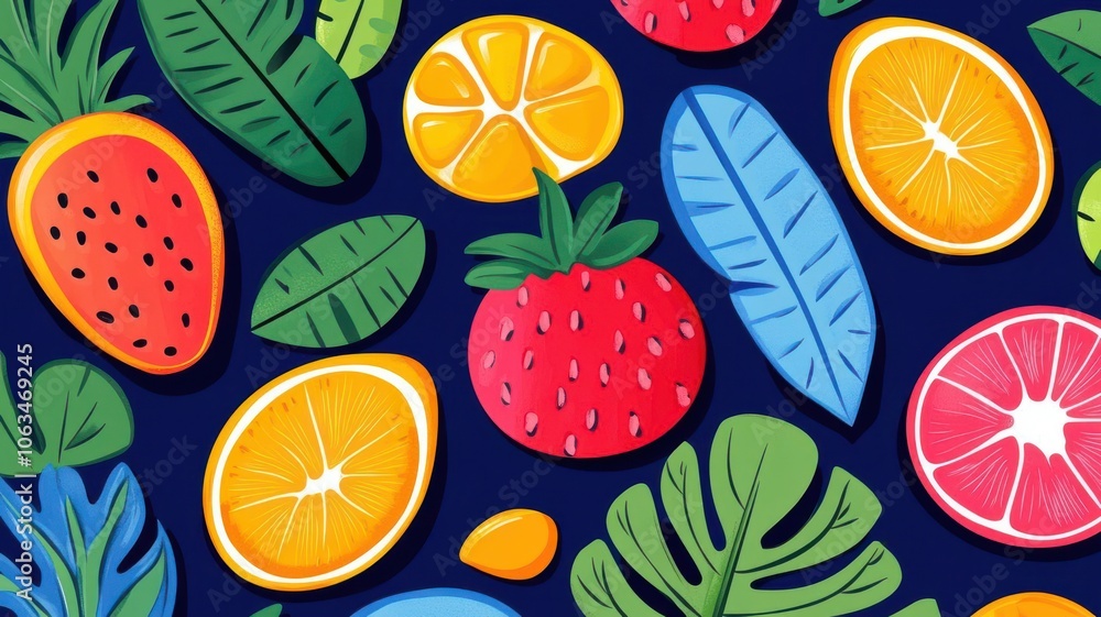 Tropical fruit patterns flat design top view summer theme cartoon drawing vivid Tropical fruit patterns flat design top view summer theme cartoon drawing vivid
