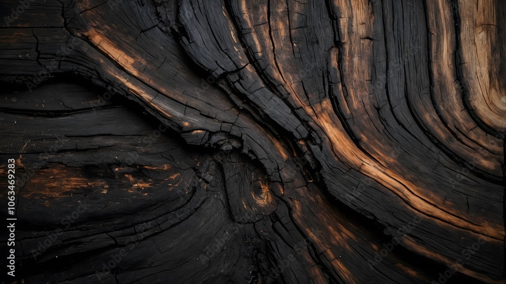 A beautifully detailed close-up texture of charred wood, displaying dramatic rings, deep cracks, and contrasting tones of black and burnt amber A beautifully detailed close-up texture of charred wood, displaying dramatic rings, deep cracks, and contrasting tones of black and burnt amber