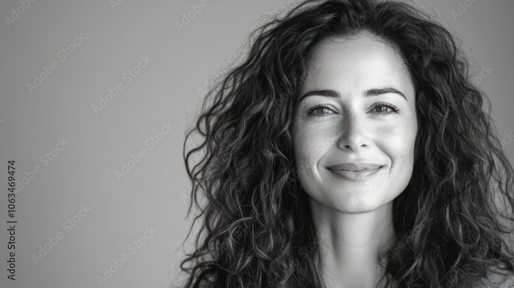 Woman with lush, curly hair and a gentle smile, isolated on a light gray background Woman with lush, curly hair and a gentle smile, isolated on a light gray background