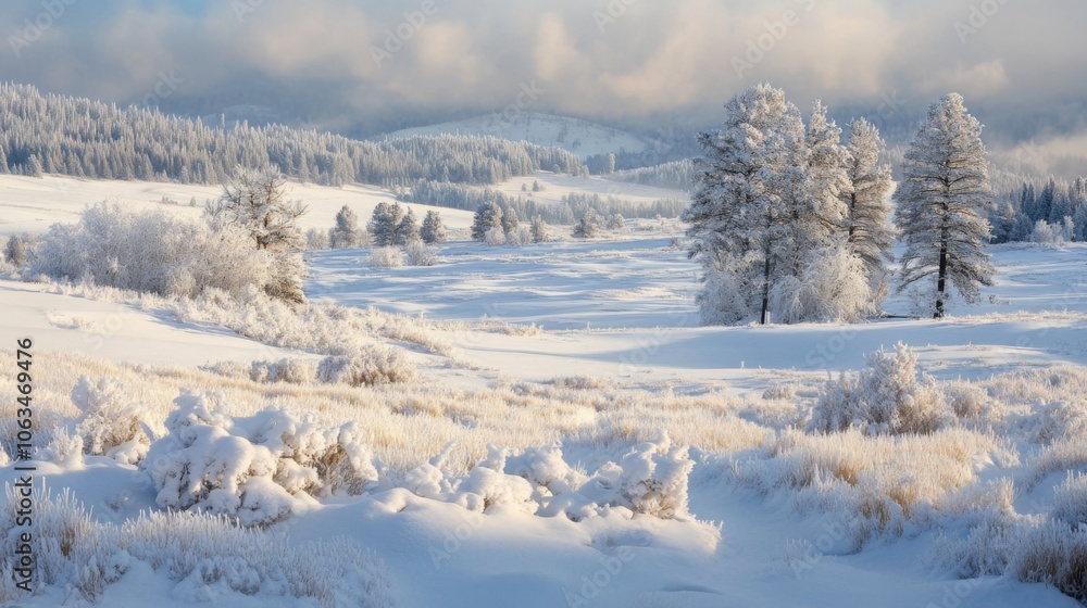 Snow-Covered Meadow with Gentle Undulations Creating a Soft and Serene Appearance Snow-Covered Meadow with Gentle Undulations Creating a Soft and Serene Appearance