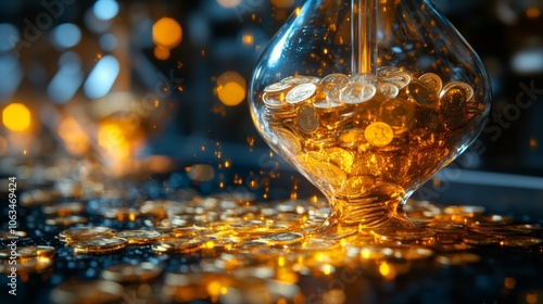 A stream of shimmering gold coins pours from a glass hourglass, illuminating a darkened space and symbolizing the relationship between time and wealth.