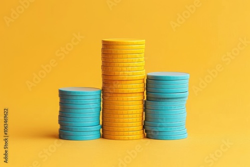 Stacks of Coins on a Yellow Background.