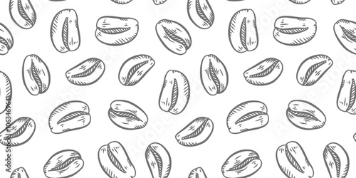 Coffee beans pattern background. Coffee beans wallpaper. Coffee beans illustration ideal for packaging. Pattern background with coffee beans. 