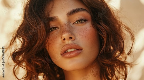 Woman with thick, voluminous waves, subtle makeup, on a soft, cream-colored backdrop