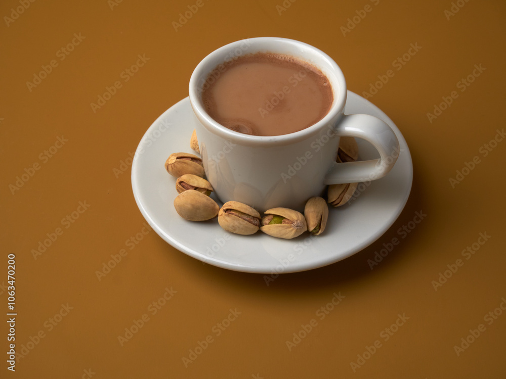 A cozy coffee cup with pistachios on a warm-toned table setting in a serene afternoon atmosphere A cozy coffee cup with pistachios on a warm-toned table setting in a serene afternoon atmosphere