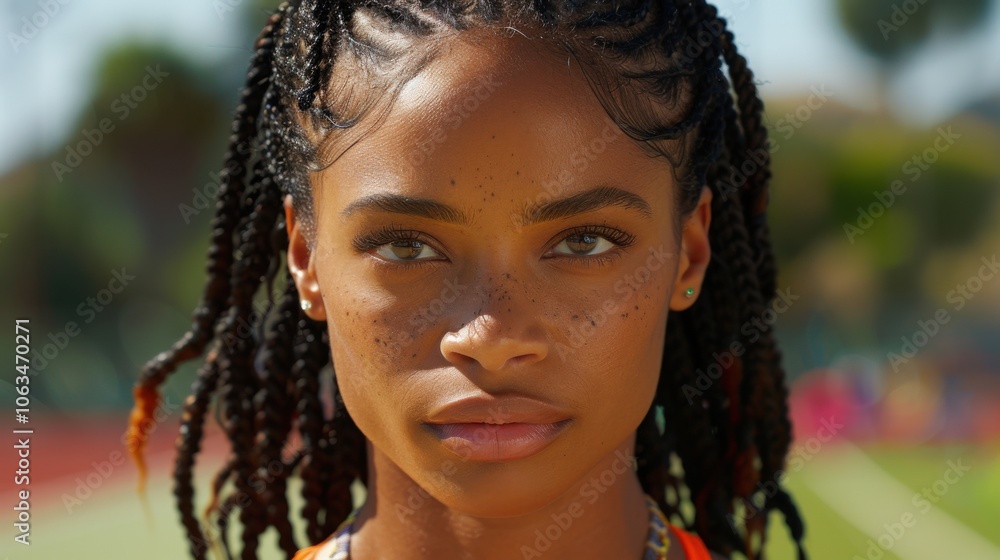 A female athlete with braided hair looks focused and determined after a workout, conveying strength and resilience under the sun. A female athlete with braided hair looks focused and determined after a workout, conveying strength and resilience under the sun.