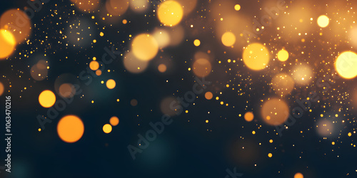 Abstract background features shimmering golden bokeh lights against a dark backdrop creating a festive and dreamy atmosphere
