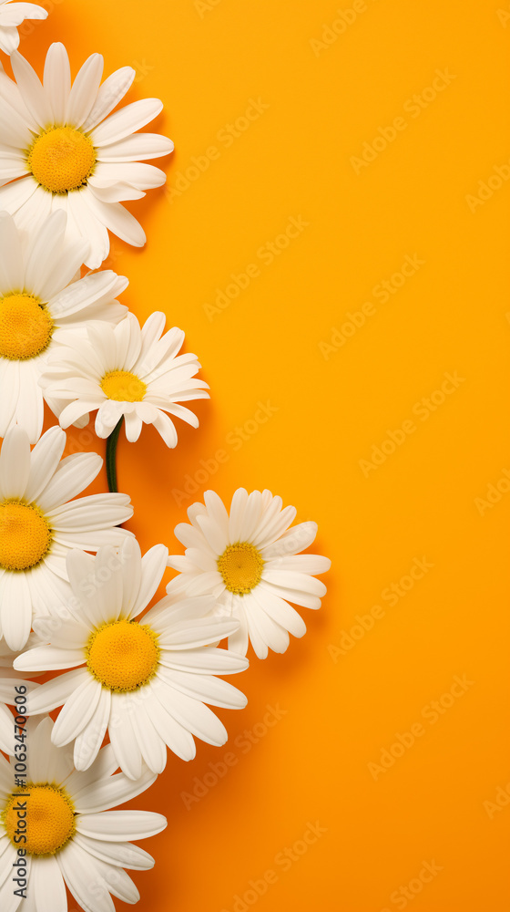 Fototapeta premium Flowers composition. Chamomile flowers on yellow background. Spring, summer concept. Flat lay, top view, copy space