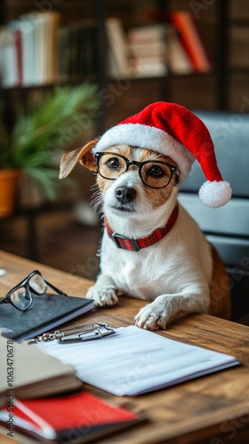 Adorable dog in Santa hat and glasses sits at desk with clipboard, embodying holiday spirit in a cozy home office. Festive pet ready for Christmas work! photo