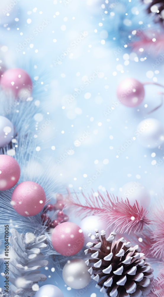 Baubles On Snow With Snowy Christmas Tree Baubles On Snow With Snowy Christmas Tree