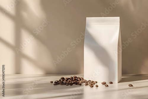 Minimalist photography showcases a clean white coffee pack standing upright next to scattered coffee beans, illuminated by soft natural light