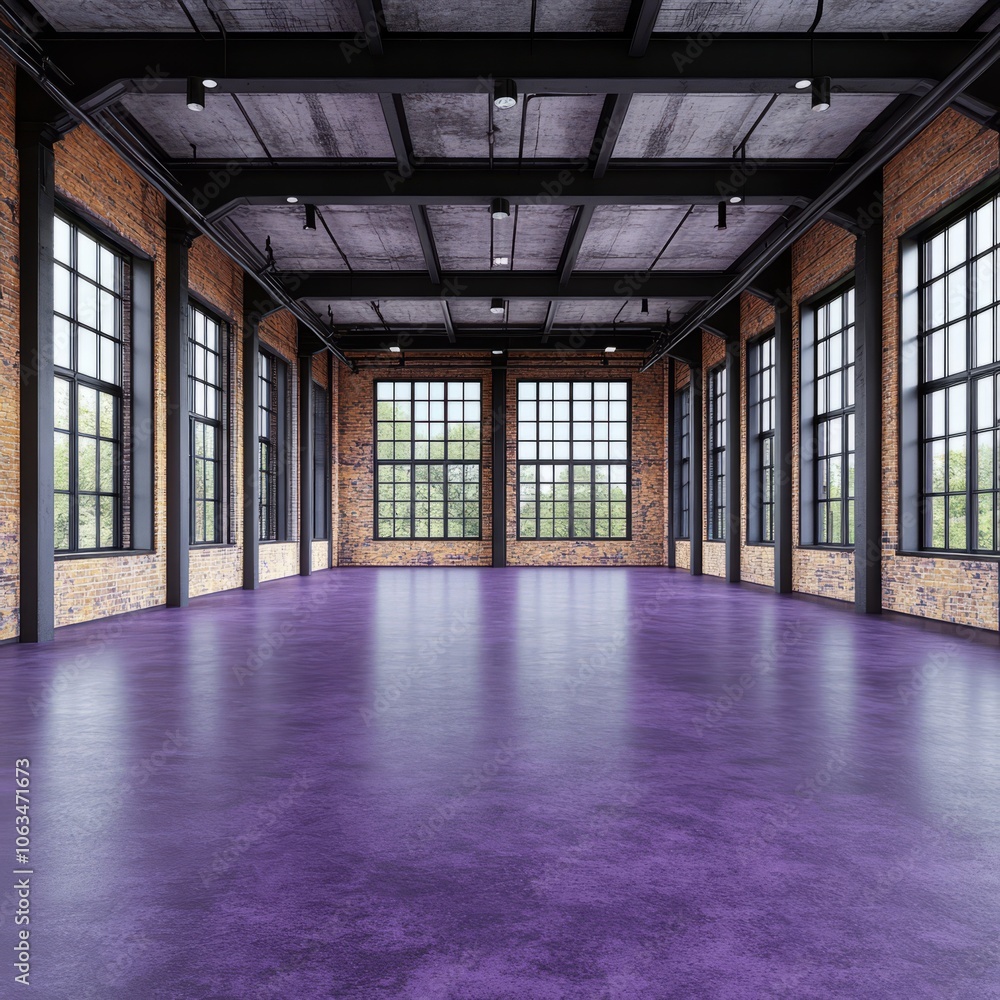 Spacious interior with large windows and purple flooring, ideal for events. Spacious interior with large windows and purple flooring, ideal for events.