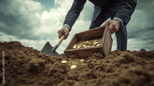 A person in a suit digs in the ground, uncovering a wooden box filled with gold coins, set against a cloudy sky. photo