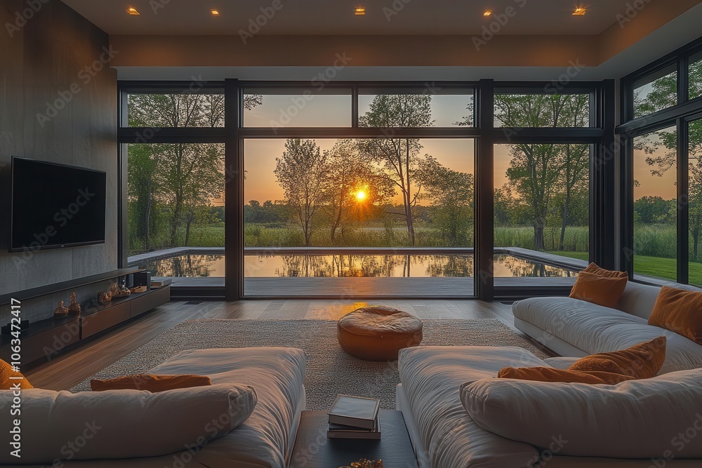 Fototapeta premium contemporary living room design showcasing stylish armchairs a sleek tv screen and large panoramic windows framing a serene outdoor view bathed in warm afternoon light
