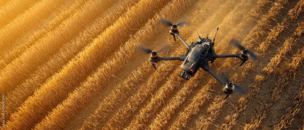 Fototapeta premium Drone surveying golden wheat field, sunlight highlighting geometric crop patterns, showcasing modern agriculture.