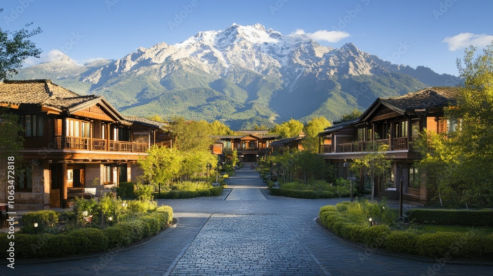 Naklejka premium Scenic Mountain View with Traditional Architecture