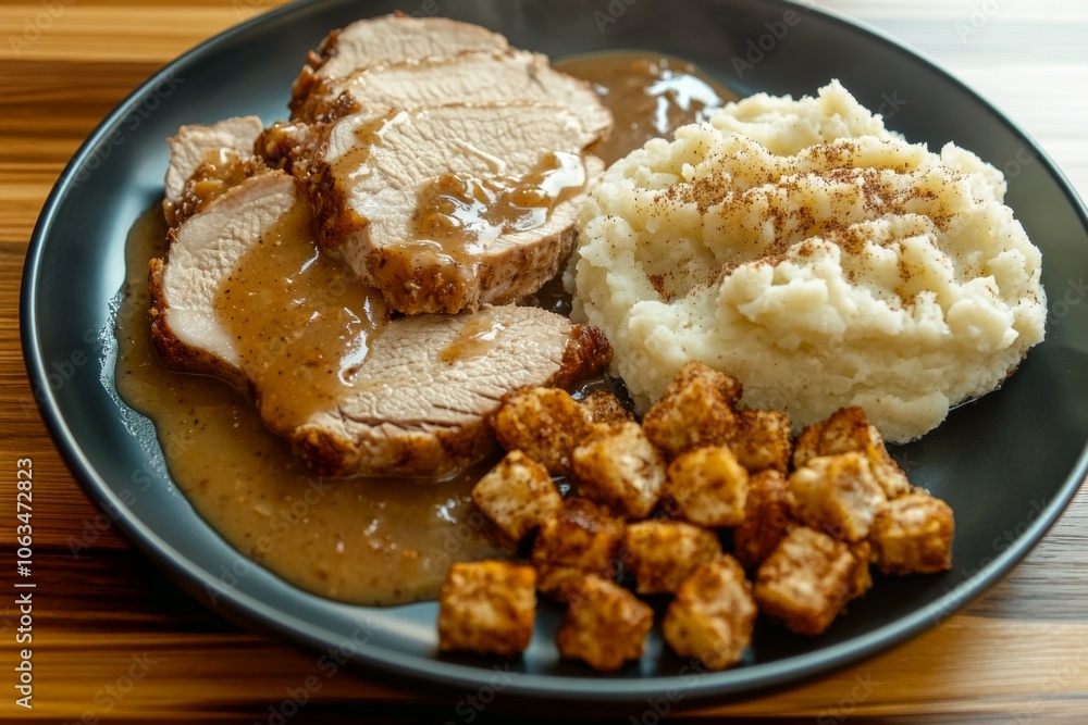 Thanksgiving Meal: Sliced turkey roast with gravy sauce. Served on a dark plate with, stuffing, mashed potatoes dashed with seasoning. Dinner.
Thanksgiving Meal: Sliced turkey roast with gravy sauce. Served on a dark plate with, stuffing, mashed potatoes dashed with seasoning. Dinner.