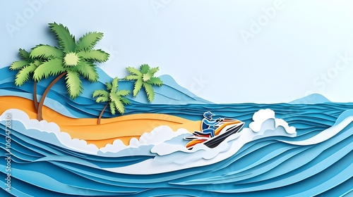 A vibrant paper cut style showcasing a jet ski speeding across the layered waves of a tropical ocean heading towards a lush palm fringed island in the distance